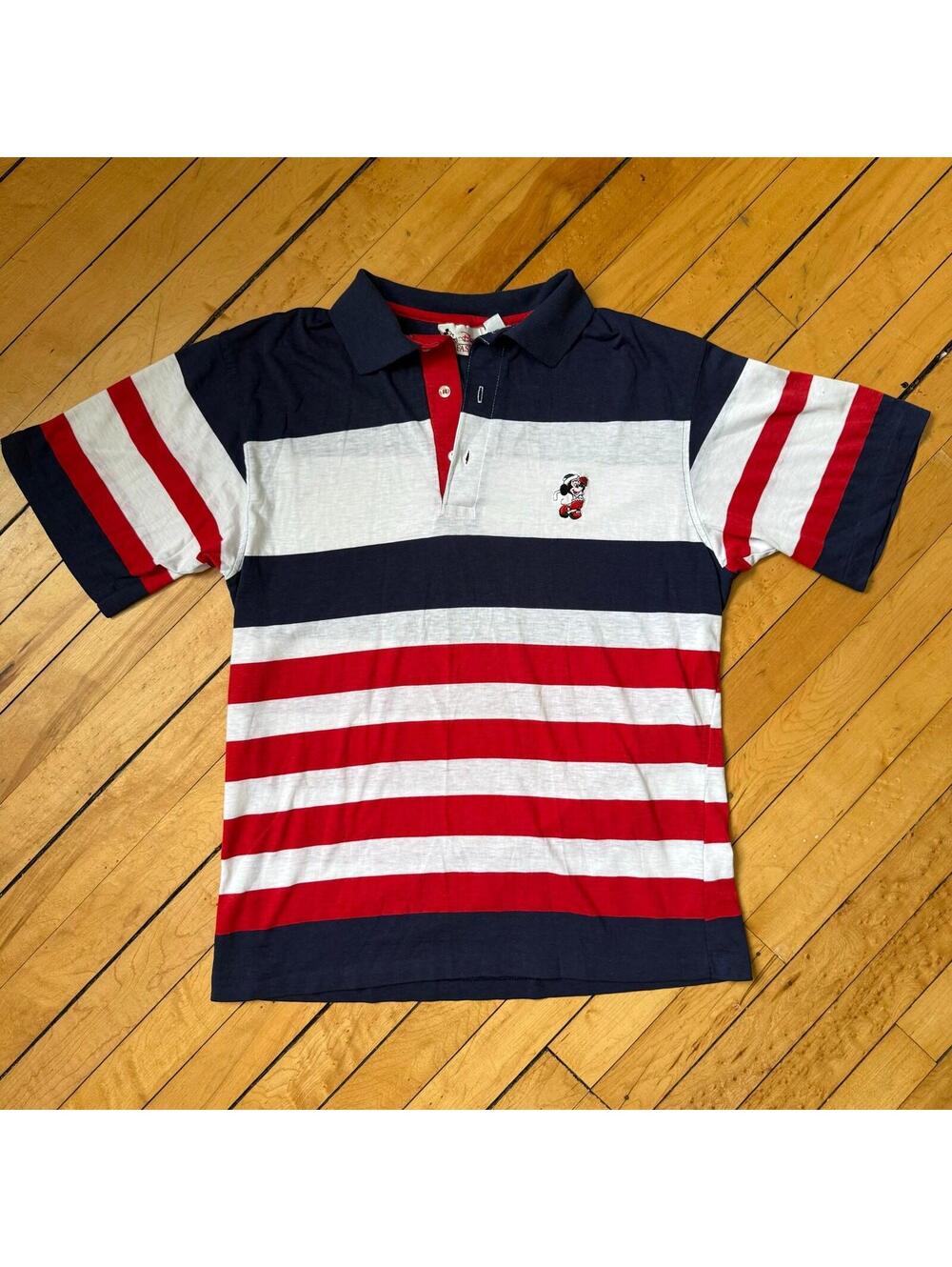 Vintage Disney Mickey Mouse Striped Polo USA Made Single Stitch Size S